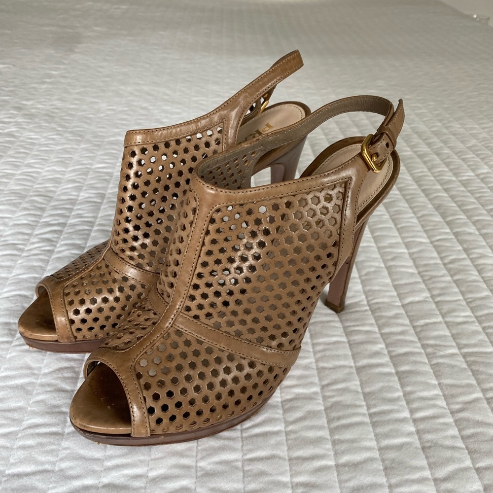 Prada Women's Tan Perforated Slingback Heels